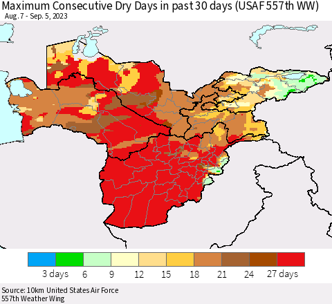 Central Asia Maximum Consecutive Dry Days in past 30 days (USAF 557th WW) 09/05/2023 Thematic Map For 9/1/2023 - 9/5/2023