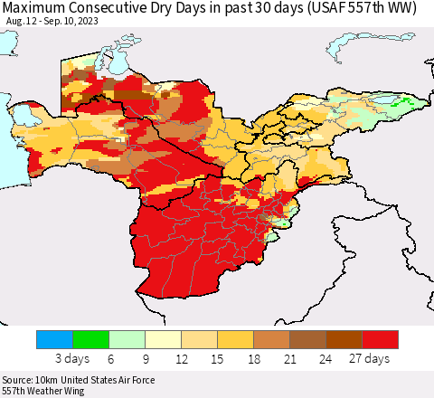 Central Asia Maximum Consecutive Dry Days in past 30 days (USAF 557th WW) 09/10/2023 Thematic Map For 9/6/2023 - 9/10/2023