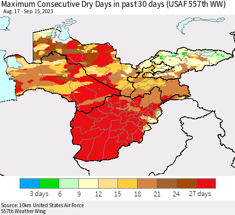 Central Asia Maximum Consecutive Dry Days in past 30 days (USAF 557th WW) 09/15/2023 Thematic Map For 9/11/2023 - 9/15/2023