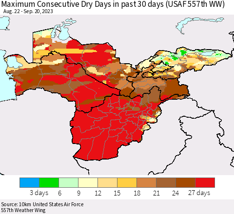 Central Asia Maximum Consecutive Dry Days in past 30 days (USAF 557th WW) 09/20/2023 Thematic Map For 9/16/2023 - 9/20/2023
