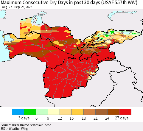 Central Asia Maximum Consecutive Dry Days in past 30 days (USAF 557th WW) 09/25/2023 Thematic Map For 9/21/2023 - 9/25/2023