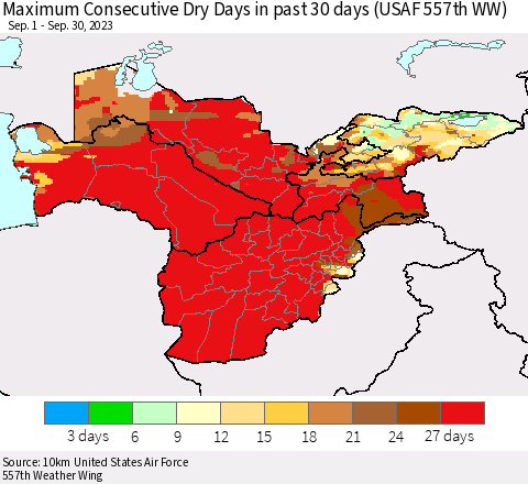 Central Asia Maximum Consecutive Dry Days in past 30 days (USAF 557th WW) 09/30/2023 Thematic Map For 9/26/2023 - 9/30/2023