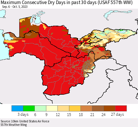 Central Asia Maximum Consecutive Dry Days in past 30 days (USAF 557th WW) 10/05/2023 Thematic Map For 10/1/2023 - 10/5/2023