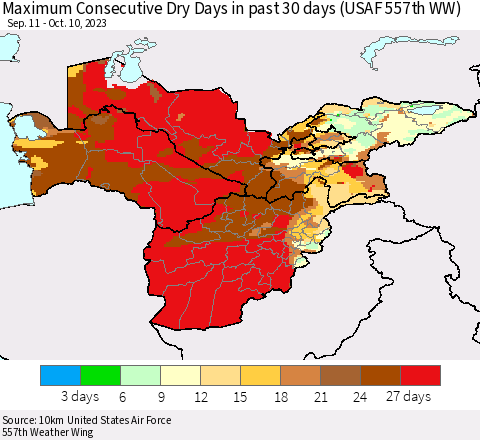Central Asia Maximum Consecutive Dry Days in past 30 days (USAF 557th WW) 10/10/2023 Thematic Map For 10/6/2023 - 10/10/2023