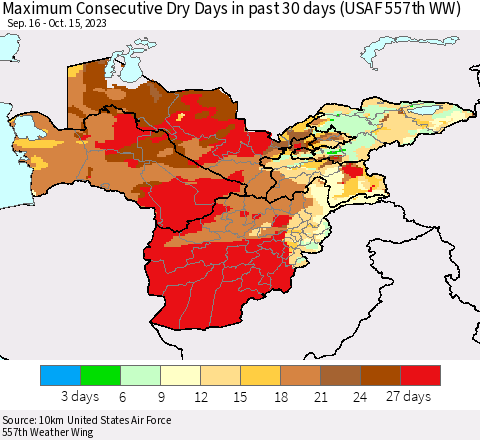 Central Asia Maximum Consecutive Dry Days in past 30 days (USAF 557th WW) 10/15/2023 Thematic Map For 10/11/2023 - 10/15/2023