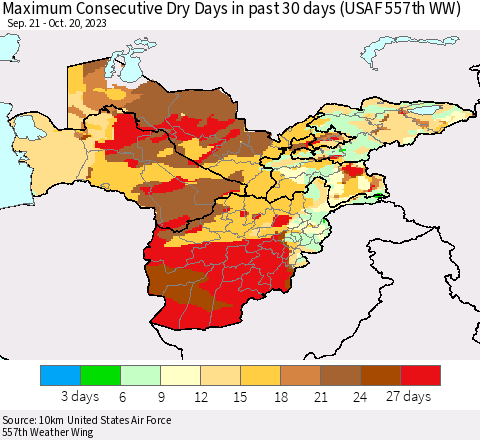 Central Asia Maximum Consecutive Dry Days in past 30 days (USAF 557th WW) 10/20/2023 Thematic Map For 10/16/2023 - 10/20/2023