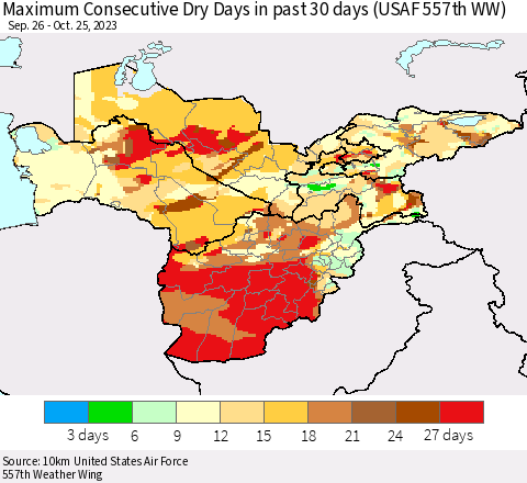 Central Asia Maximum Consecutive Dry Days in past 30 days (USAF 557th WW) 10/25/2023 Thematic Map For 10/21/2023 - 10/25/2023