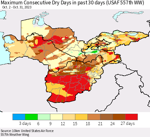 Central Asia Maximum Consecutive Dry Days in past 30 days (USAF 557th WW) 10/31/2023 Thematic Map For 10/26/2023 - 10/31/2023