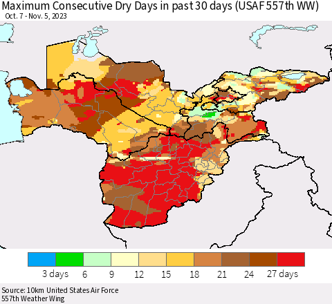 Central Asia Maximum Consecutive Dry Days in past 30 days (USAF 557th WW) 11/05/2023 Thematic Map For 11/1/2023 - 11/5/2023