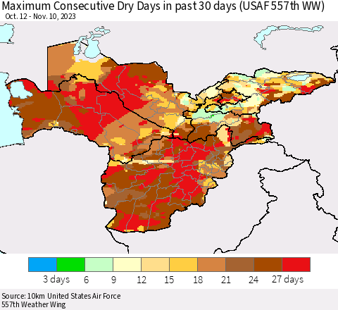 Central Asia Maximum Consecutive Dry Days in past 30 days (USAF 557th WW) 11/10/2023 Thematic Map For 11/6/2023 - 11/10/2023