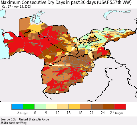 Central Asia Maximum Consecutive Dry Days in past 30 days (USAF 557th WW) 11/15/2023 Thematic Map For 11/11/2023 - 11/15/2023