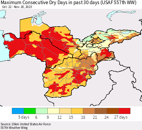Central Asia Maximum Consecutive Dry Days in past 30 days (USAF 557th WW) 11/20/2023 Thematic Map For 11/16/2023 - 11/20/2023