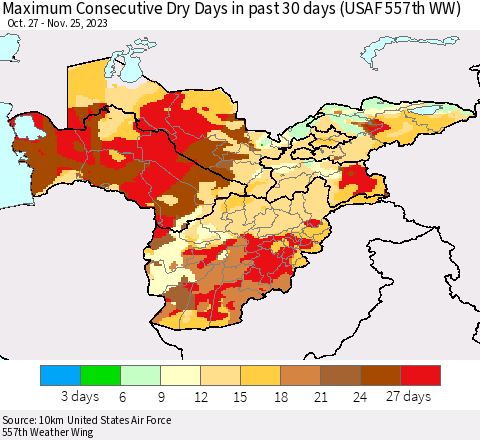 Central Asia Maximum Consecutive Dry Days in past 30 days (USAF 557th WW) 11/25/2023 Thematic Map For 11/21/2023 - 11/25/2023