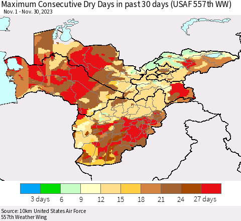 Central Asia Maximum Consecutive Dry Days in past 30 days (USAF 557th WW) 11/30/2023 Thematic Map For 11/26/2023 - 11/30/2023