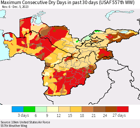Central Asia Maximum Consecutive Dry Days in past 30 days (USAF 557th WW) 12/05/2023 Thematic Map For 12/1/2023 - 12/5/2023
