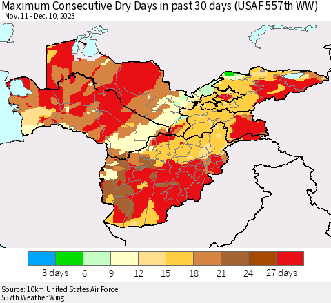 Central Asia Maximum Consecutive Dry Days in past 30 days (USAF 557th WW) 12/10/2023 Thematic Map For 12/6/2023 - 12/10/2023