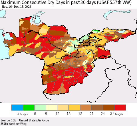 Central Asia Maximum Consecutive Dry Days in past 30 days (USAF 557th WW) 12/15/2023 Thematic Map For 12/11/2023 - 12/15/2023