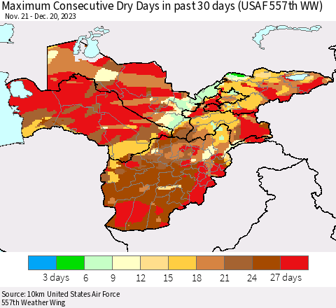 Central Asia Maximum Consecutive Dry Days in past 30 days (USAF 557th WW) 12/20/2023 Thematic Map For 12/16/2023 - 12/20/2023
