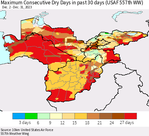 Central Asia Maximum Consecutive Dry Days in past 30 days (USAF 557th WW) 12/31/2023 Thematic Map For 12/26/2023 - 12/31/2023
