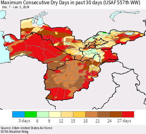 Central Asia Maximum Consecutive Dry Days in past 30 days (USAF 557th WW) 01/05/2024 Thematic Map For 1/1/2024 - 1/5/2024