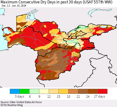 Central Asia Maximum Consecutive Dry Days in past 30 days (USAF 557th WW) 01/10/2024 Thematic Map For 1/6/2024 - 1/10/2024