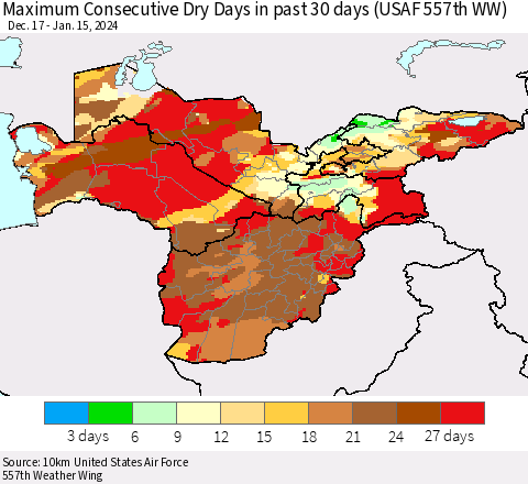 Central Asia Maximum Consecutive Dry Days in past 30 days (USAF 557th WW) 01/15/2024 Thematic Map For 1/11/2024 - 1/15/2024