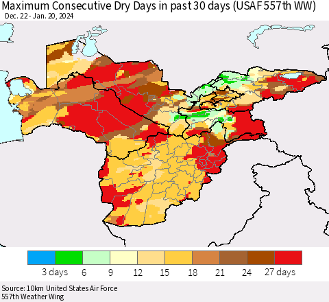 Central Asia Maximum Consecutive Dry Days in past 30 days (USAF 557th WW) 01/20/2024 Thematic Map For 1/16/2024 - 1/20/2024