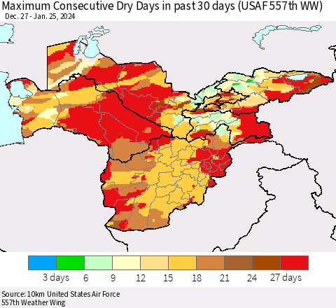 Central Asia Maximum Consecutive Dry Days in past 30 days (USAF 557th WW) 01/25/2024 Thematic Map For 1/21/2024 - 1/25/2024