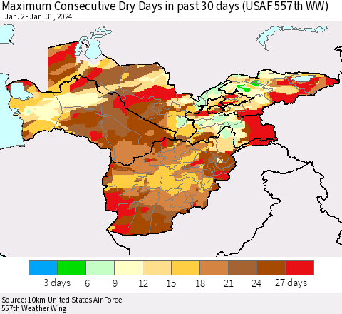 Central Asia Maximum Consecutive Dry Days in past 30 days (USAF 557th WW) 01/31/2024 Thematic Map For 1/26/2024 - 1/31/2024