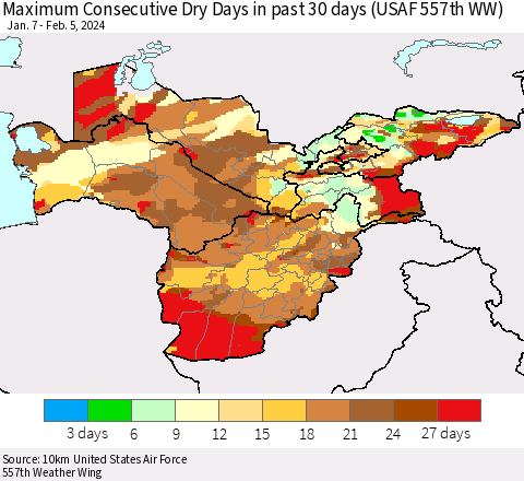 Central Asia Maximum Consecutive Dry Days in past 30 days (USAF 557th WW) 02/05/2024 Thematic Map For 2/1/2024 - 2/5/2024