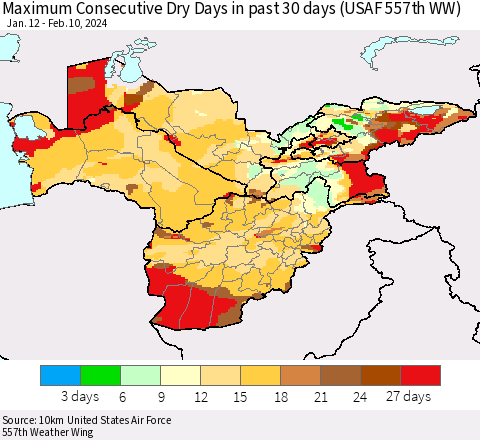 Central Asia Maximum Consecutive Dry Days in past 30 days (USAF 557th WW) 02/10/2024 Thematic Map For 2/6/2024 - 2/10/2024