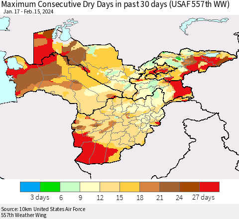 Central Asia Maximum Consecutive Dry Days in past 30 days (USAF 557th WW) 02/15/2024 Thematic Map For 2/11/2024 - 2/15/2024
