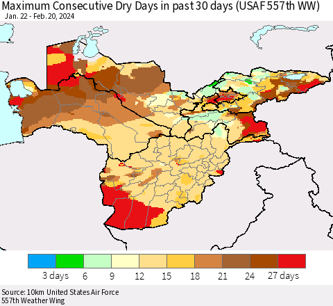 Central Asia Maximum Consecutive Dry Days in past 30 days (USAF 557th WW) 02/20/2024 Thematic Map For 2/16/2024 - 2/20/2024