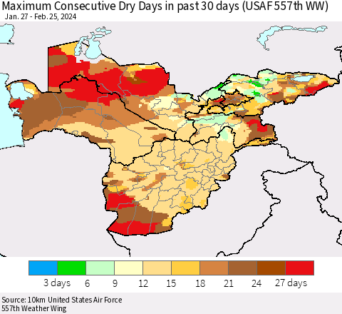 Central Asia Maximum Consecutive Dry Days in past 30 days (USAF 557th WW) 02/25/2024 Thematic Map For 2/21/2024 - 2/25/2024