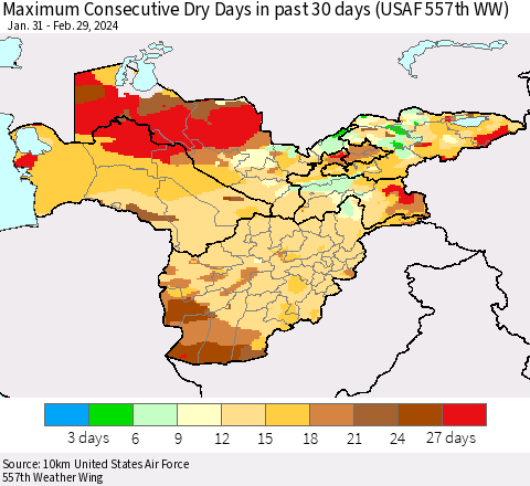 Central Asia Maximum Consecutive Dry Days in past 30 days (USAF 557th WW) 02/29/2024 Thematic Map For 2/26/2024 - 2/29/2024