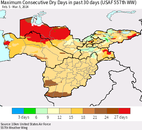 Central Asia Maximum Consecutive Dry Days in past 30 days (USAF 557th WW) 03/05/2024 Thematic Map For 3/1/2024 - 3/5/2024