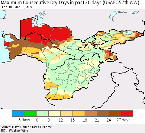 Central Asia Maximum Consecutive Dry Days in past 30 days (USAF 557th WW) 03/10/2024 Thematic Map For 3/6/2024 - 3/10/2024