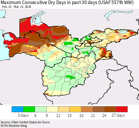 Central Asia Maximum Consecutive Dry Days in past 30 days (USAF 557th WW) 03/15/2024 Thematic Map For 3/11/2024 - 3/15/2024