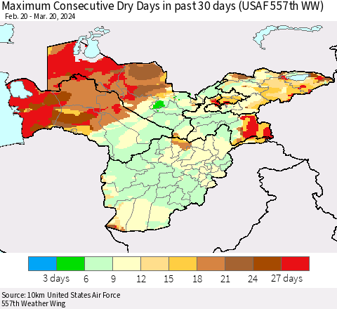 Central Asia Maximum Consecutive Dry Days in past 30 days (USAF 557th WW) 03/20/2024 Thematic Map For 3/16/2024 - 3/20/2024