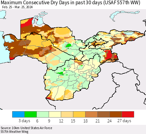 Central Asia Maximum Consecutive Dry Days in past 30 days (USAF 557th WW) 03/25/2024 Thematic Map For 3/21/2024 - 3/25/2024