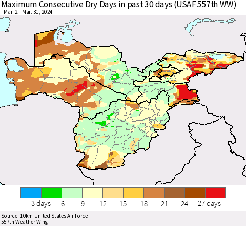 Central Asia Maximum Consecutive Dry Days in past 30 days (USAF 557th WW) 03/31/2024 Thematic Map For 3/26/2024 - 3/31/2024