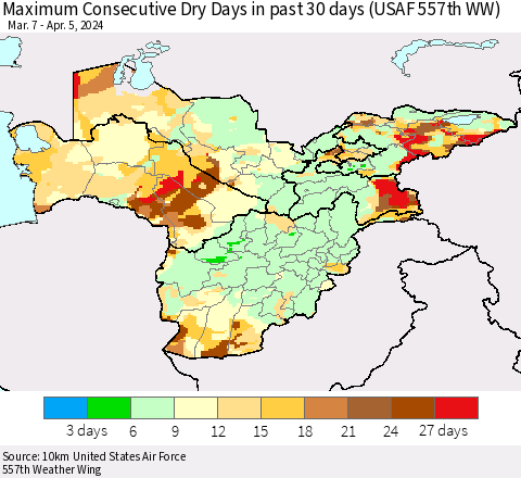 Central Asia Maximum Consecutive Dry Days in past 30 days (USAF 557th WW) 04/05/2024 Thematic Map For 4/1/2024 - 4/5/2024