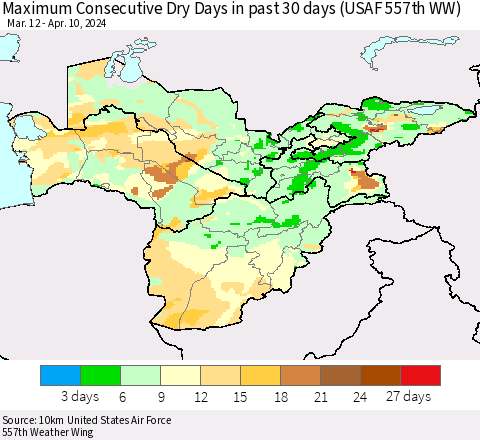 Central Asia Maximum Consecutive Dry Days in past 30 days (USAF 557th WW) 04/10/2024 Thematic Map For 4/6/2024 - 4/10/2024