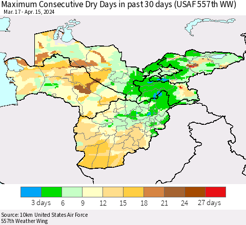 Central Asia Maximum Consecutive Dry Days in past 30 days (USAF 557th WW) 04/15/2024 Thematic Map For 4/11/2024 - 4/15/2024