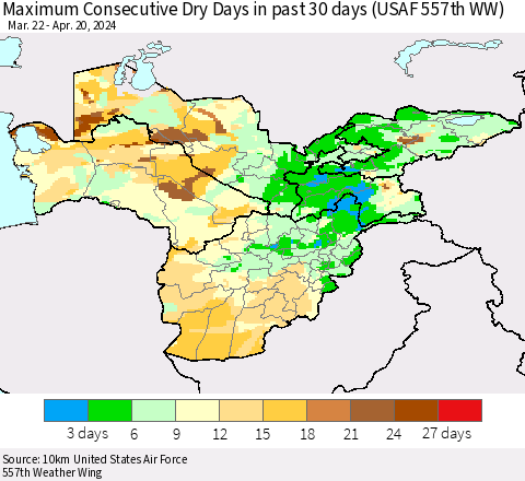 Central Asia Maximum Consecutive Dry Days in past 30 days (USAF 557th WW) 04/20/2024 Thematic Map For 4/16/2024 - 4/20/2024