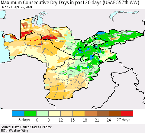 Central Asia Maximum Consecutive Dry Days in past 30 days (USAF 557th WW) 04/25/2024 Thematic Map For 4/21/2024 - 4/25/2024