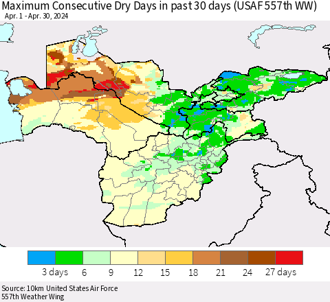 Central Asia Maximum Consecutive Dry Days in past 30 days (USAF 557th WW) 04/30/2024 Thematic Map For 4/26/2024 - 4/30/2024