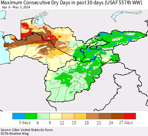 Central Asia Maximum Consecutive Dry Days in past 30 days (USAF 557th WW) 05/05/2024 Thematic Map For 5/1/2024 - 5/5/2024
