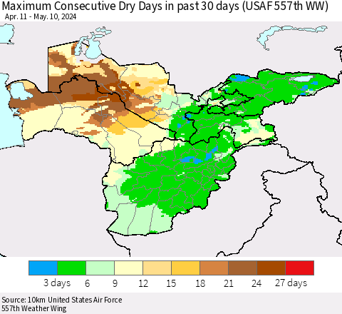 Central Asia Maximum Consecutive Dry Days in past 30 days (USAF 557th WW) 05/10/2024 Thematic Map For 5/6/2024 - 5/10/2024
