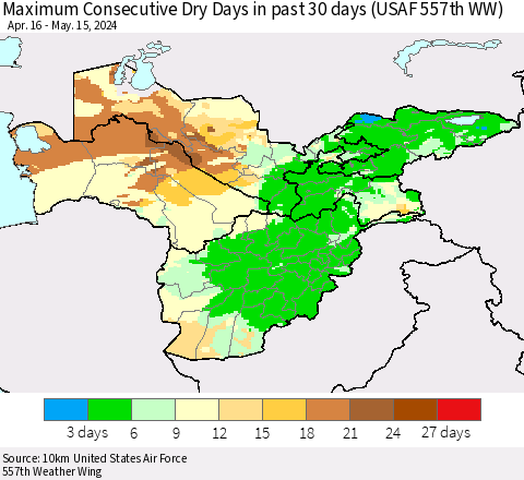 Central Asia Maximum Consecutive Dry Days in past 30 days (USAF 557th WW) 05/15/2024 Thematic Map For 5/11/2024 - 5/15/2024